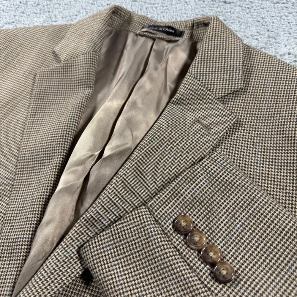 Ralph Lauren Blazer Mens 46L Tan Houndstooth Plaid Sport Coat Jacket Viscose‎ bl